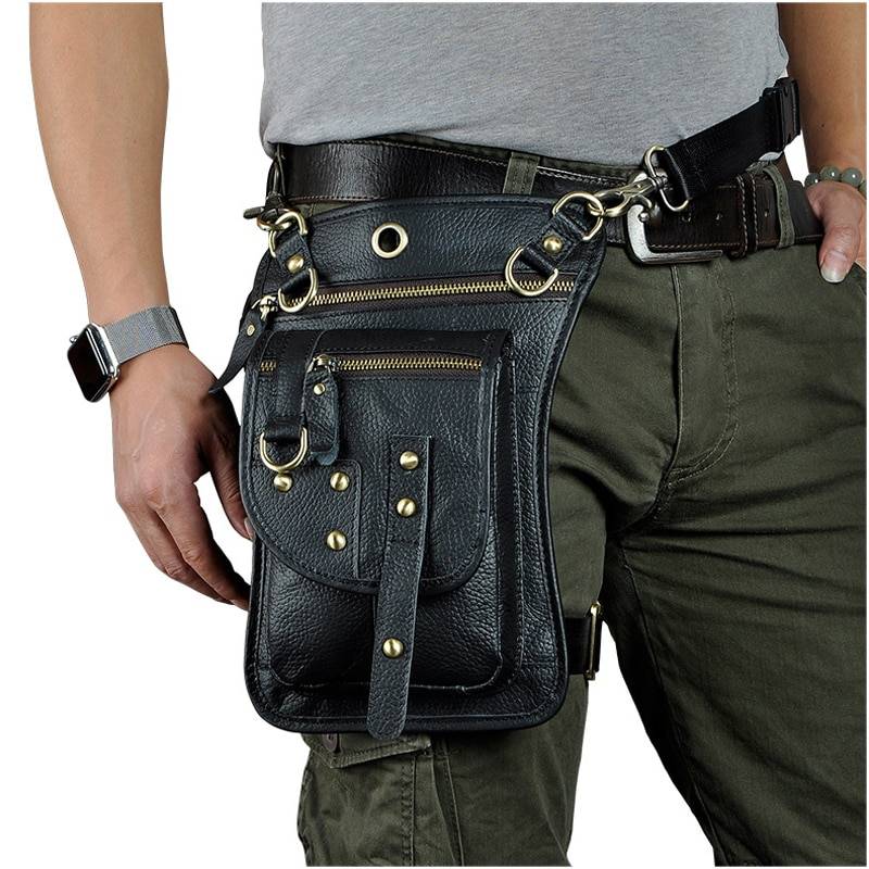 Norbinus Motorcycle Men Waist Bag Belt Fanny Packs Genuine Leather Thigh Drop Leg Bag Male Shoulder Messenger Bag Hip Hook Pouch