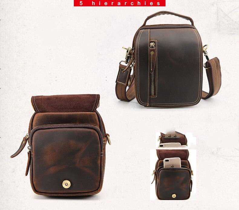 MAHEU Super Quality Men's Mini Shoulder Bag Genuine Leather Phone Pouch On Belt Small Crossbody Bag With Handle Outdoor Bag
