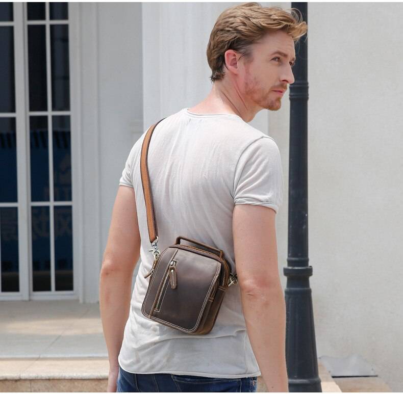 MAHEU Super Quality Men's Mini Shoulder Bag Genuine Leather Phone Pouch On Belt Small Crossbody Bag With Handle Outdoor Bag