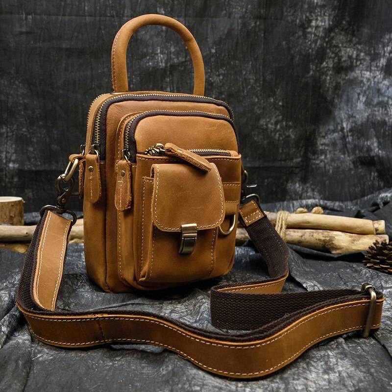 MAHEU Super Quality Men's Mini Shoulder Bag Genuine Leather Phone Pouch On Belt Small Crossbody Bag With Handle Outdoor Bag