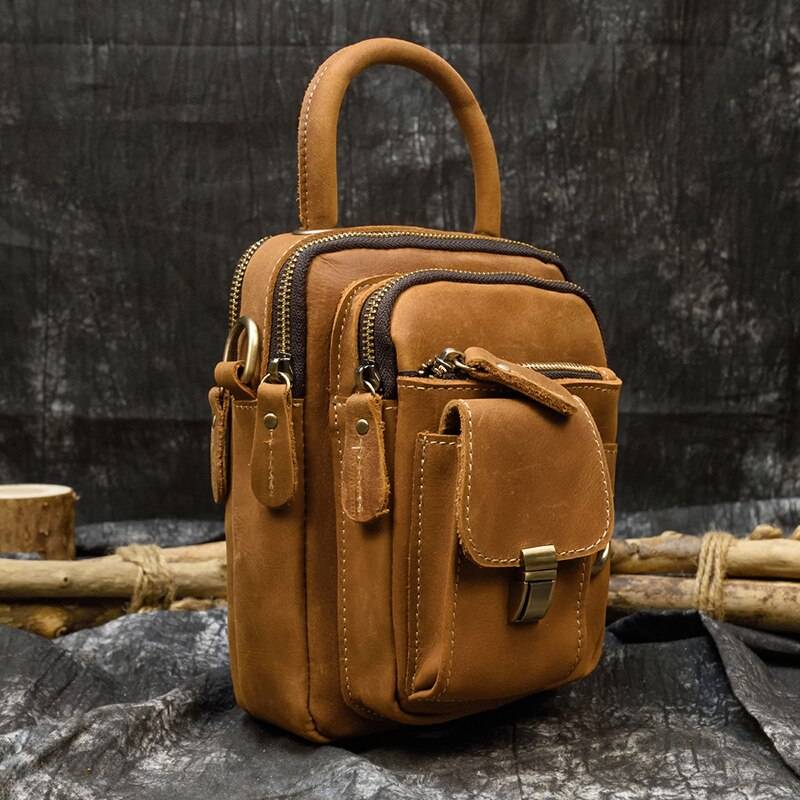 MAHEU Super Quality Men's Mini Shoulder Bag Genuine Leather Phone Pouch On Belt Small Crossbody Bag With Handle Outdoor Bag
