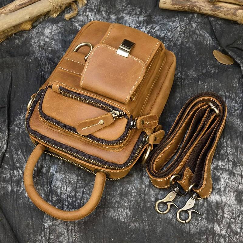 MAHEU Super Quality Men's Mini Shoulder Bag Genuine Leather Phone Pouch On Belt Small Crossbody Bag With Handle Outdoor Bag