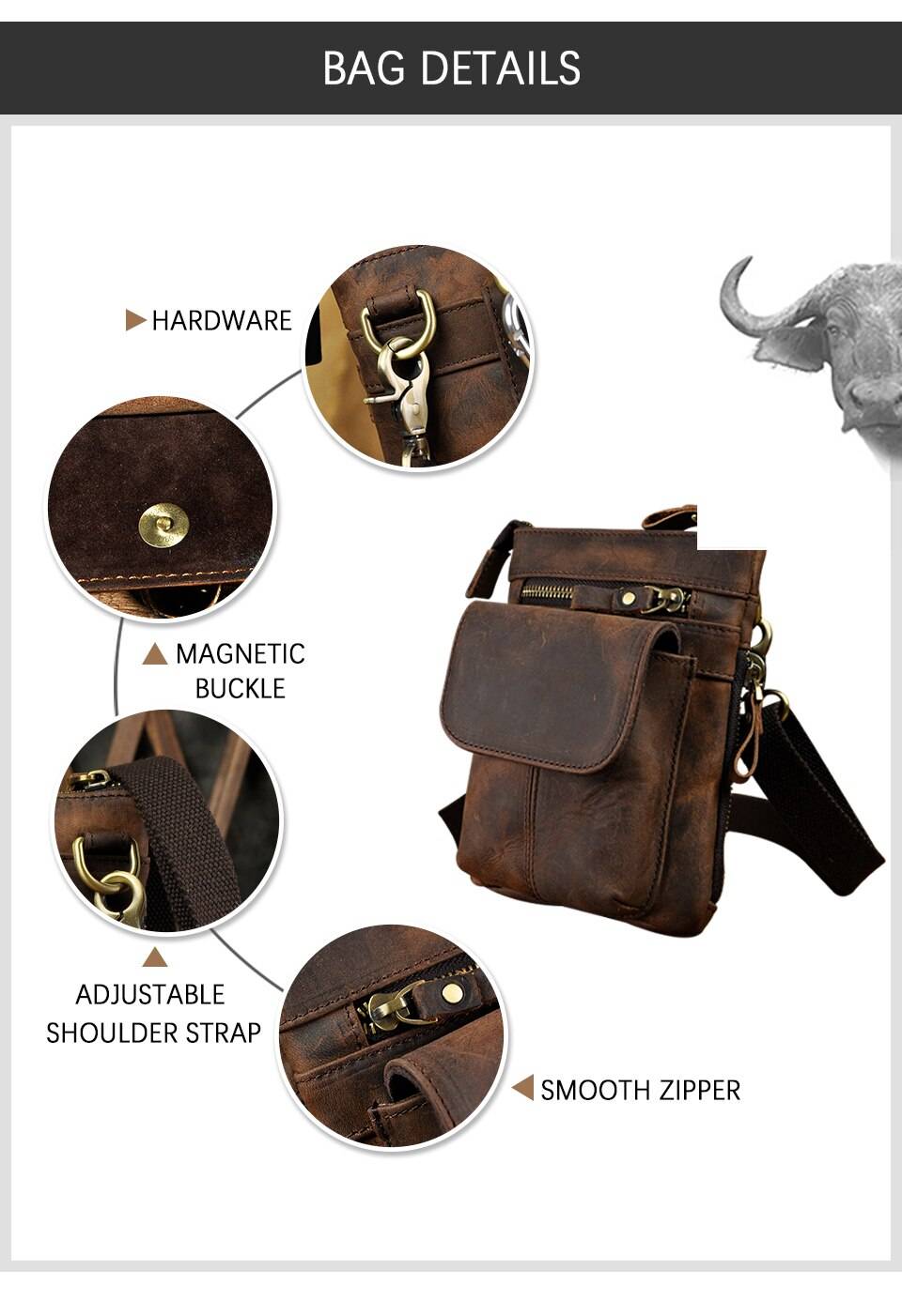 Original Leather Male Casual Design Mini Shoulder Messenger Crossbody bag Fashion Belt Waist bag Travel Small Pouch Men 611-18