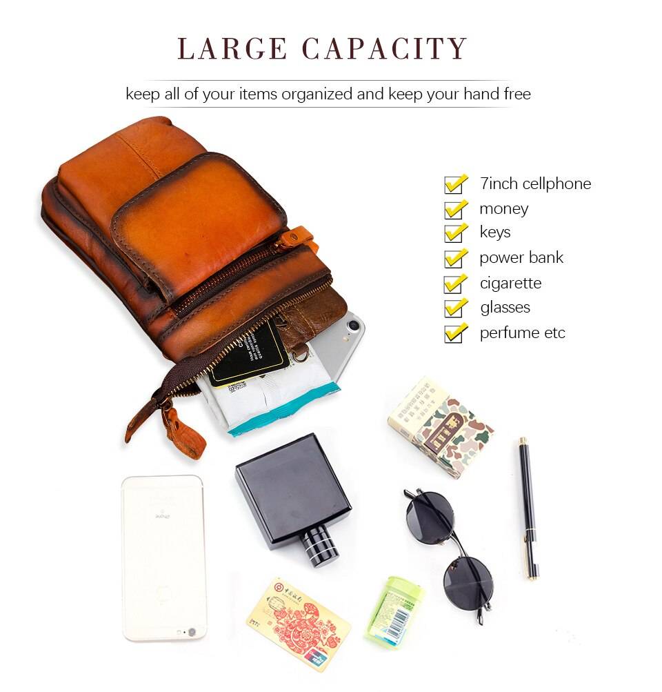 Original Leather Male Casual Design Mini Shoulder Messenger Crossbody bag Fashion Belt Waist bag Travel Small Pouch Men 611-18