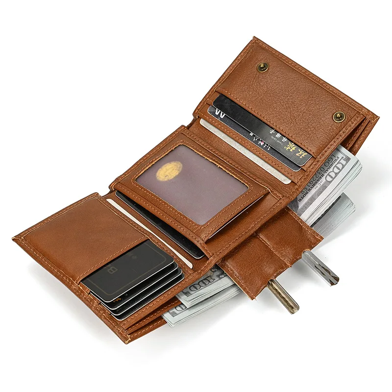 Newest Designer wallet men luxury men genuine leather wallet card holder short purse leather wallet with iron chain trifold