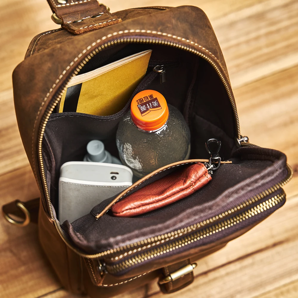 Genuine Leather Men's Leather Chest Bag Vintage Sling Bag For Men,Crossbody Shoulder Bag Casual Small Backpack