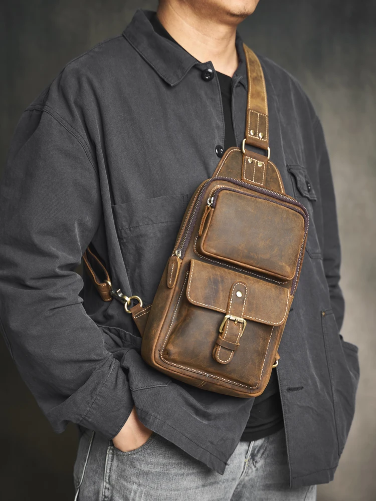 Genuine Leather Men's Leather Chest Bag Vintage Sling Bag For Men,Crossbody Shoulder Bag Casual Small Backpack