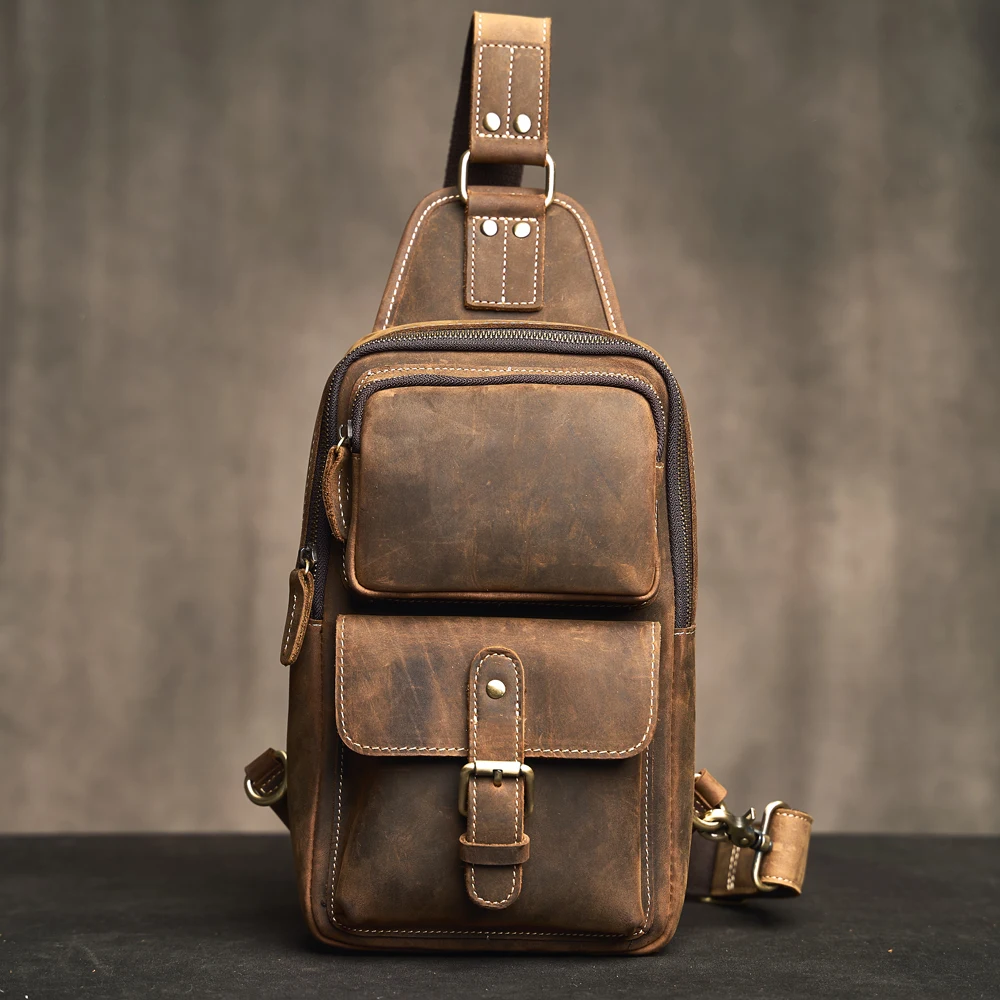 Genuine Leather Men's Leather Chest Bag Vintage Sling Bag For Men,Crossbody Shoulder Bag Casual Small Backpack