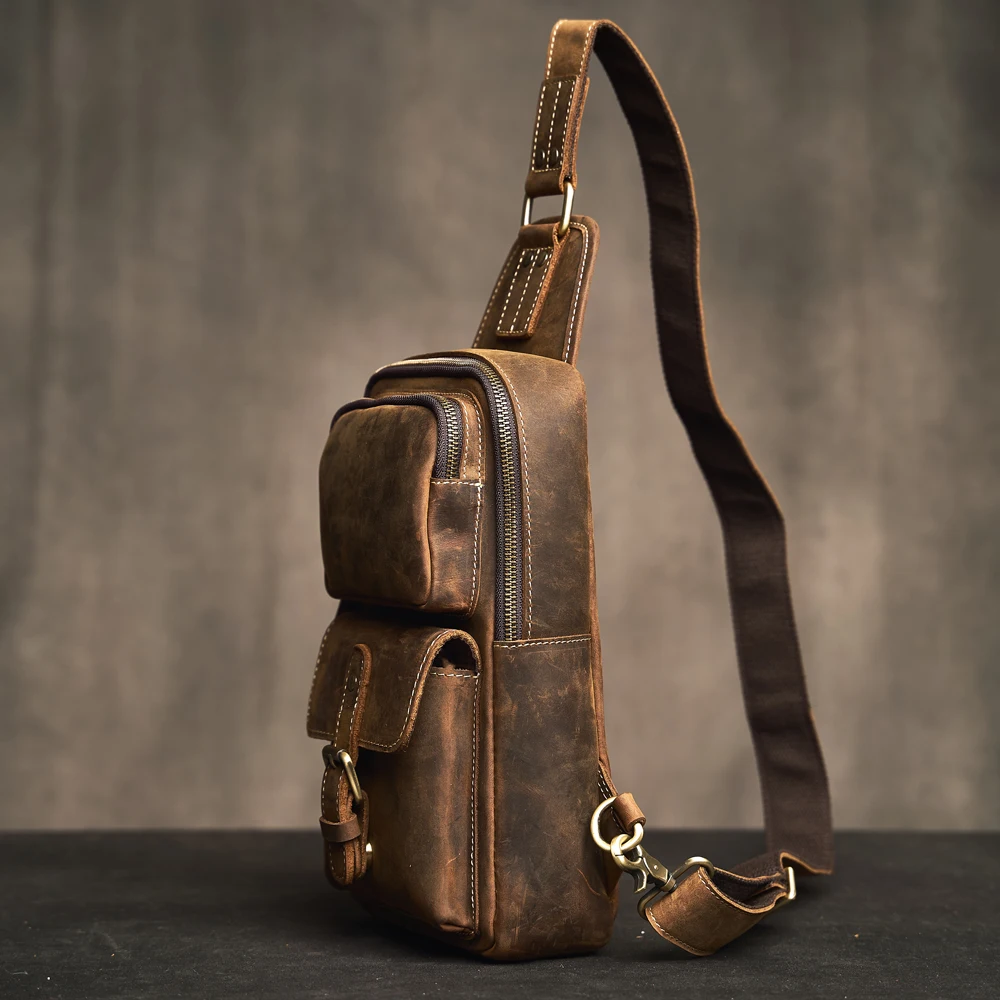 Genuine Leather Men's Leather Chest Bag Vintage Sling Bag For Men,Crossbody Shoulder Bag Casual Small Backpack